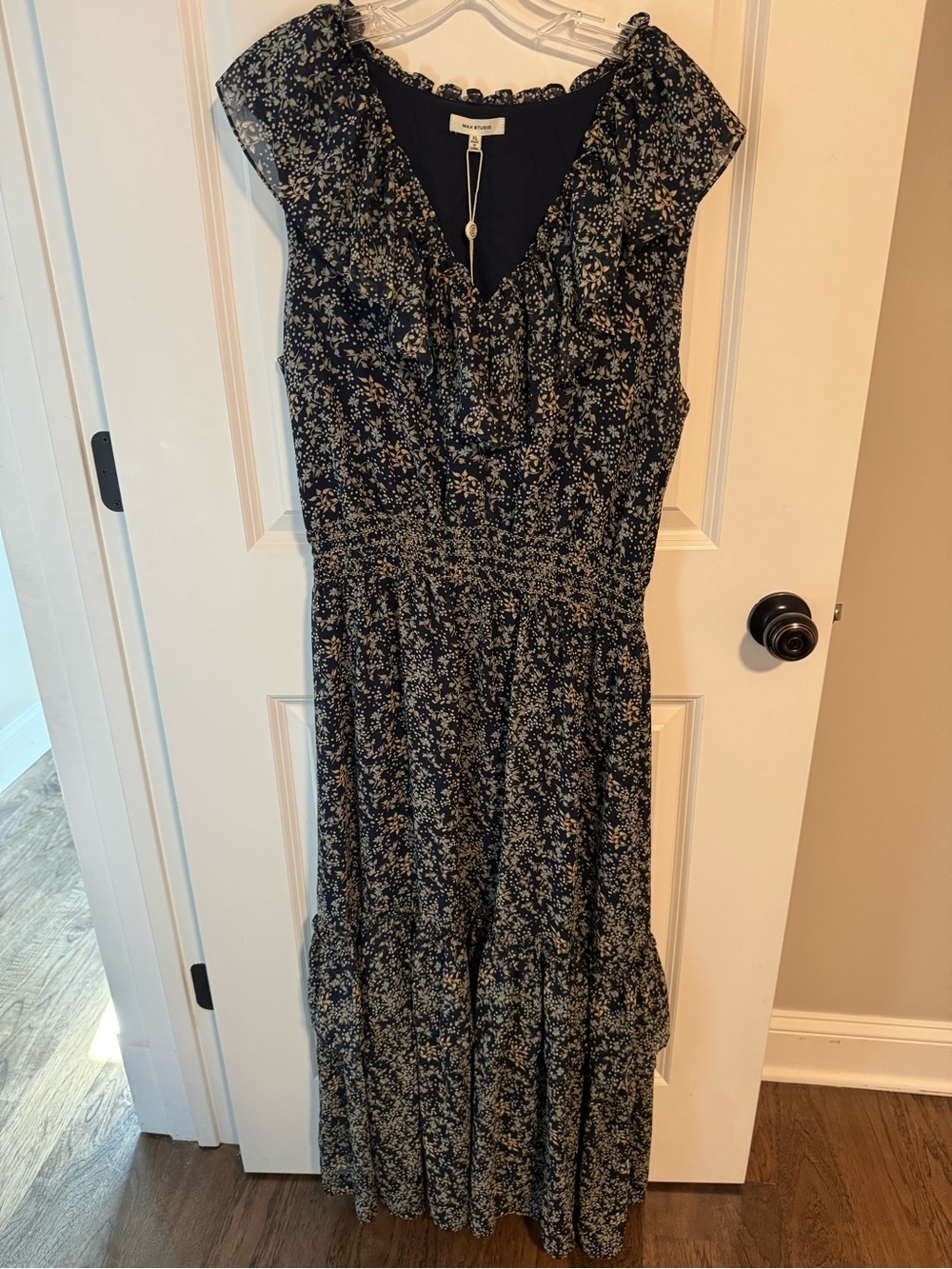 Max Studio Navy Floral Ruffle V-Neck Maxi Dress XL NWT